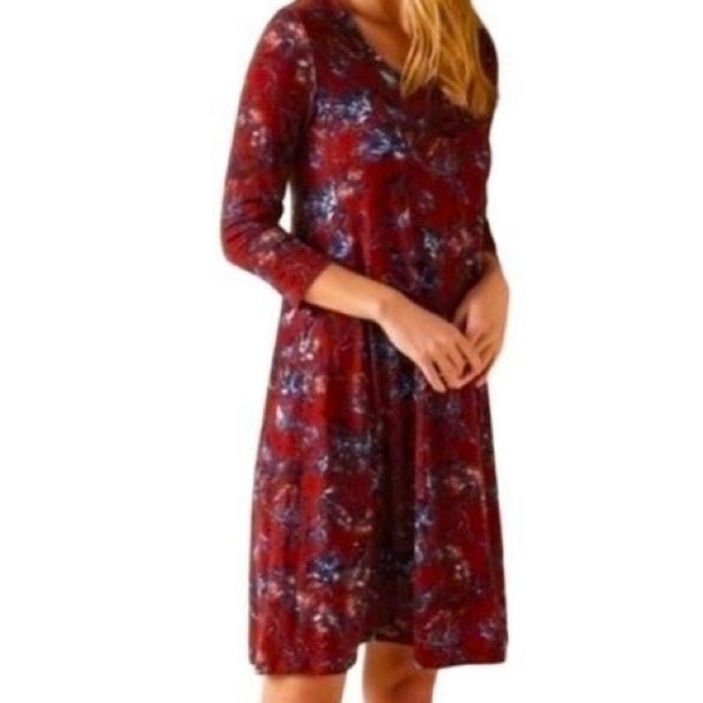 Garnet Hill Jersey Knit Swing Dress Red Floral Print Tencel Blend SZ M